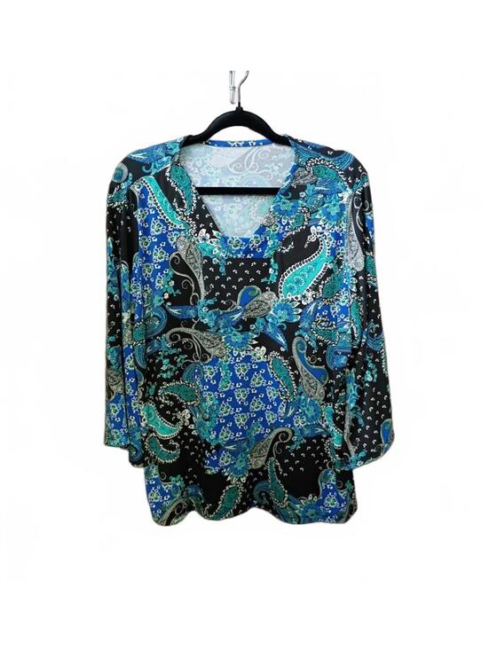 Tops - Blue Black Paisley Print Long Sleeve Blouse Plus Size 1X